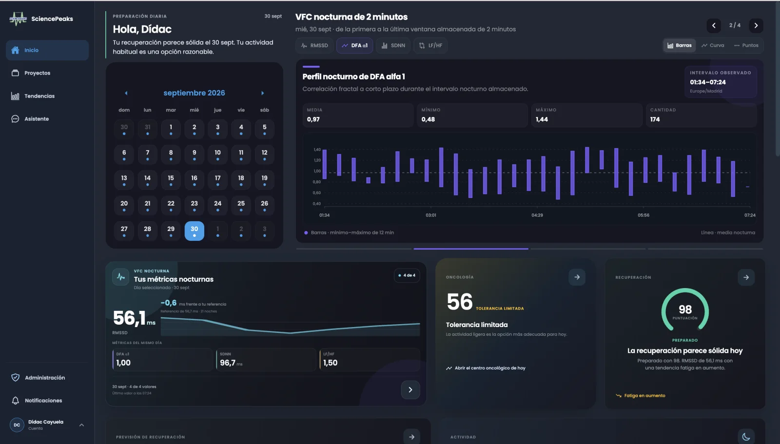 SciencePeaks home dashboard with a September calendar, an overnight DFA alpha 1 profile, nightly HRV metrics and daily oncology and recovery summaries.